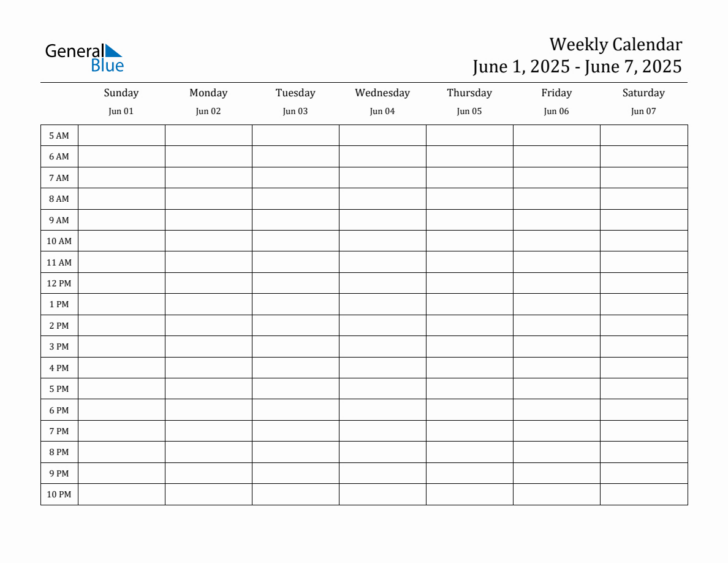 Week Calendar 2025 with Times Printable