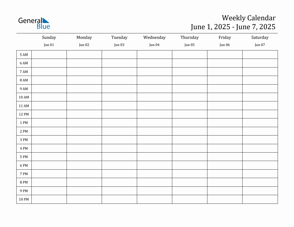 Weekly Calendar With Time Slots - Week Of June 1, 2025 regarding Week Calendar 2025 with Times Printable