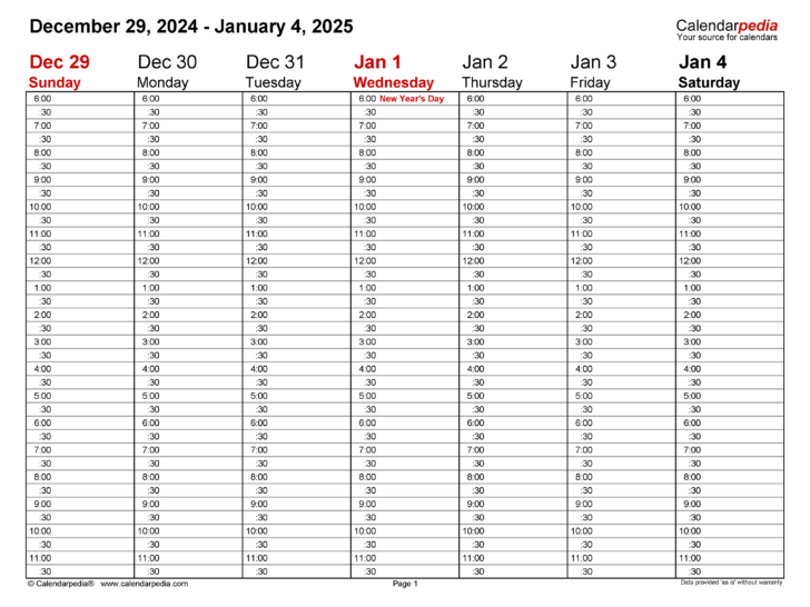 Weekly Hourly Calendar 2025 Printable