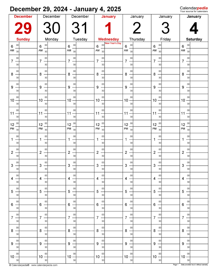 Weekly Calendar 2025 with Times Printable