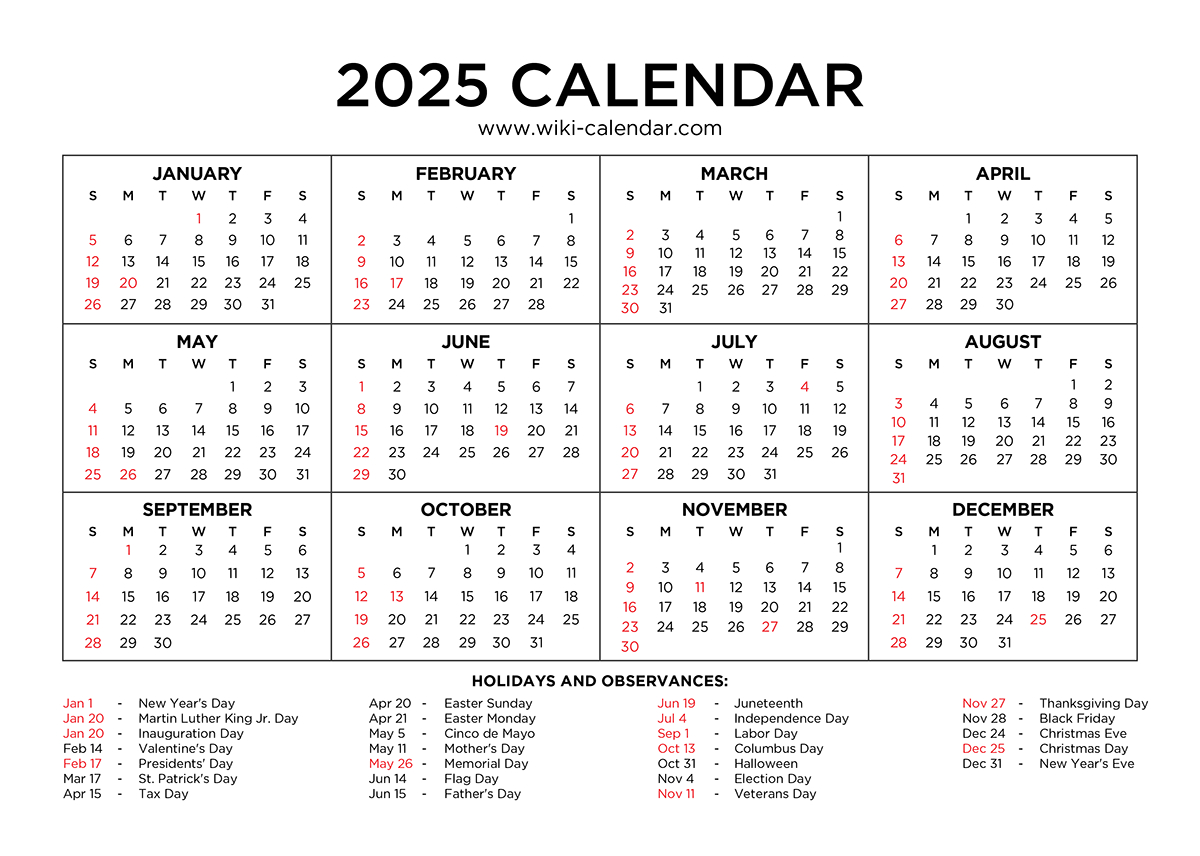 Year 2025 Calendar Printable With Holidays - Wiki Calendar for Calendar 2025 Creator Free Printable