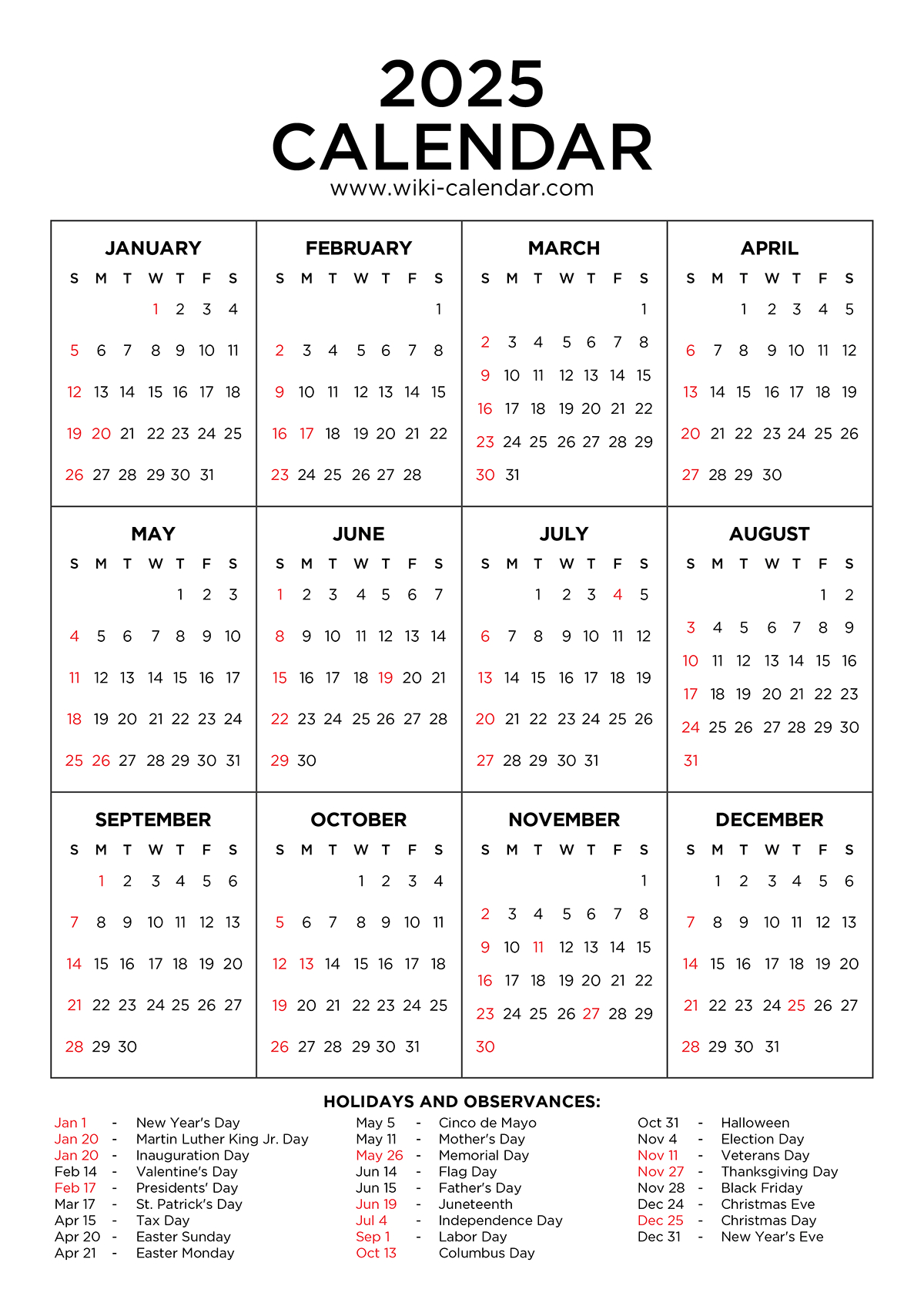 Year 2025 Calendar Printable With Holidays - Wiki Calendar in Printable 2025 Calendar With Holidays