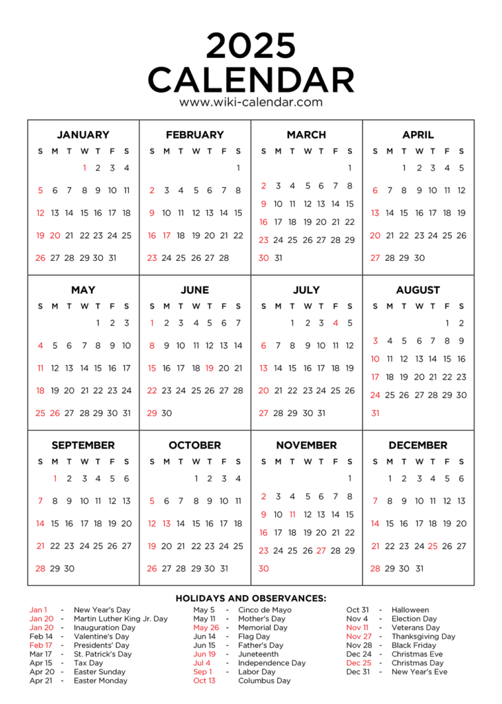 Free Printable 2025 Yearly Calendar with Holidays