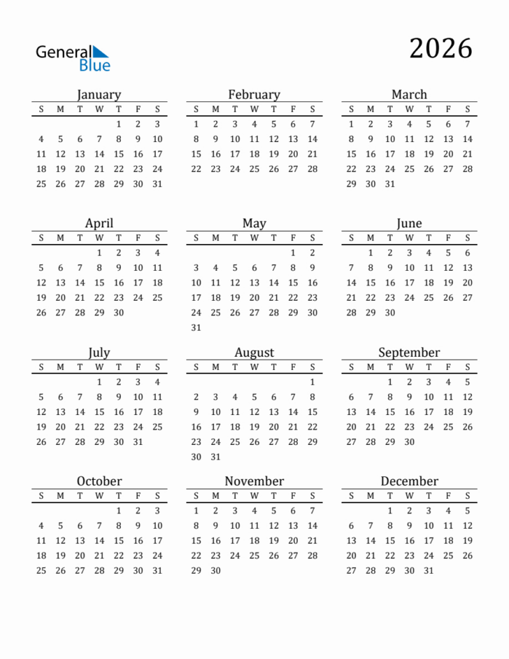 Printable Calendar 2026 All Months on One Page