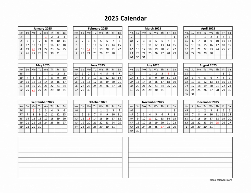 Yearly 2025 Calendars inside 2025 Calendar Printable with Space to Write