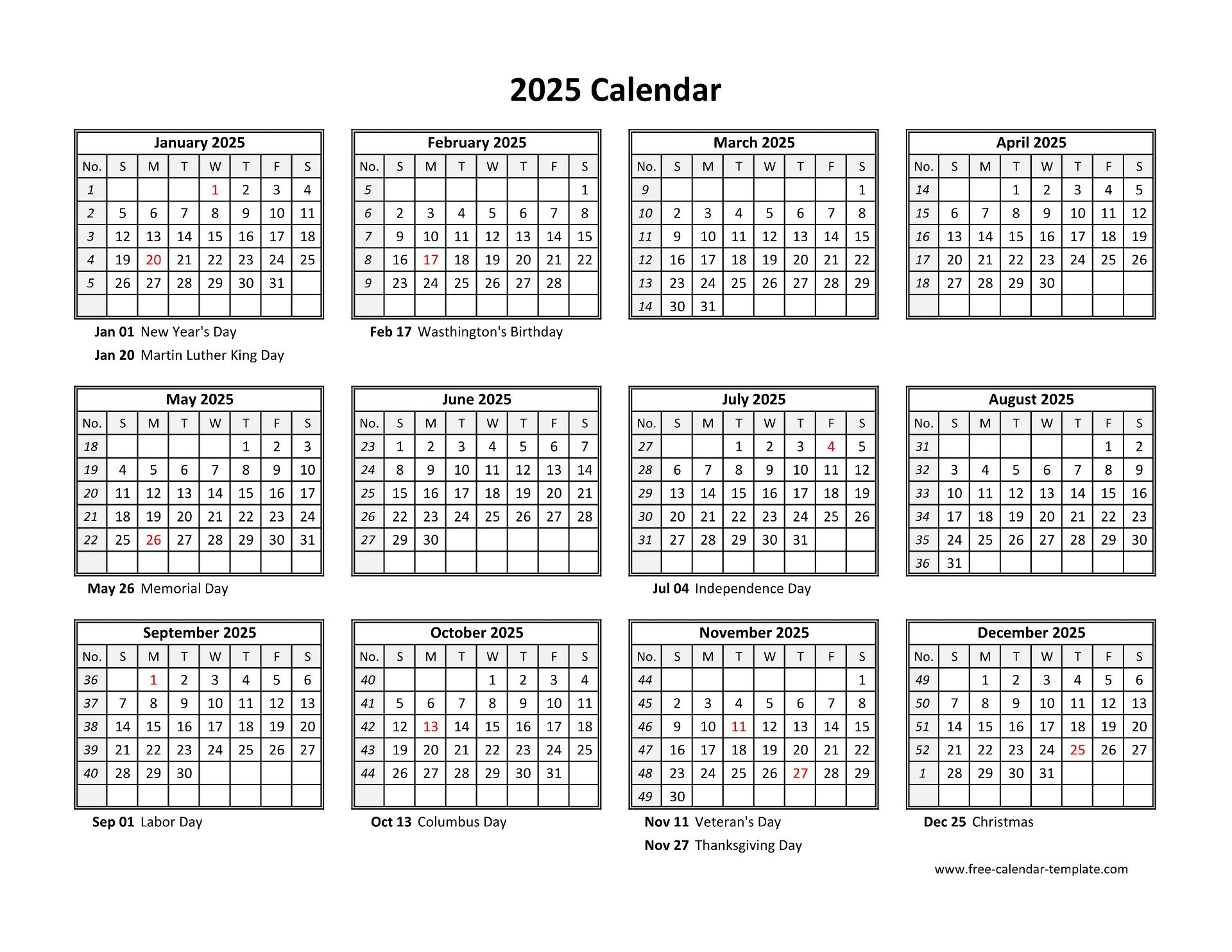 Yearly Calendar 2025 Printable With Federal Holidays | Free with Months Of The Year Calendar 2025 Printables