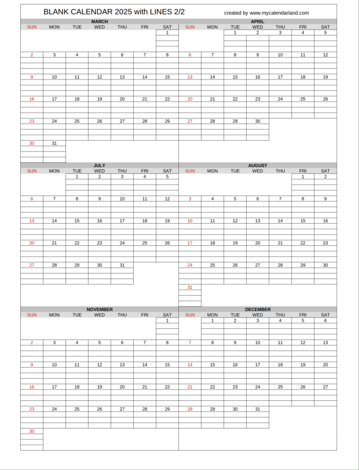 2025 Calendar Printable with Lines