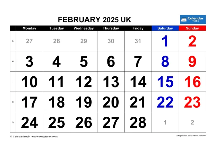 Month of February Printable Calendar 2025