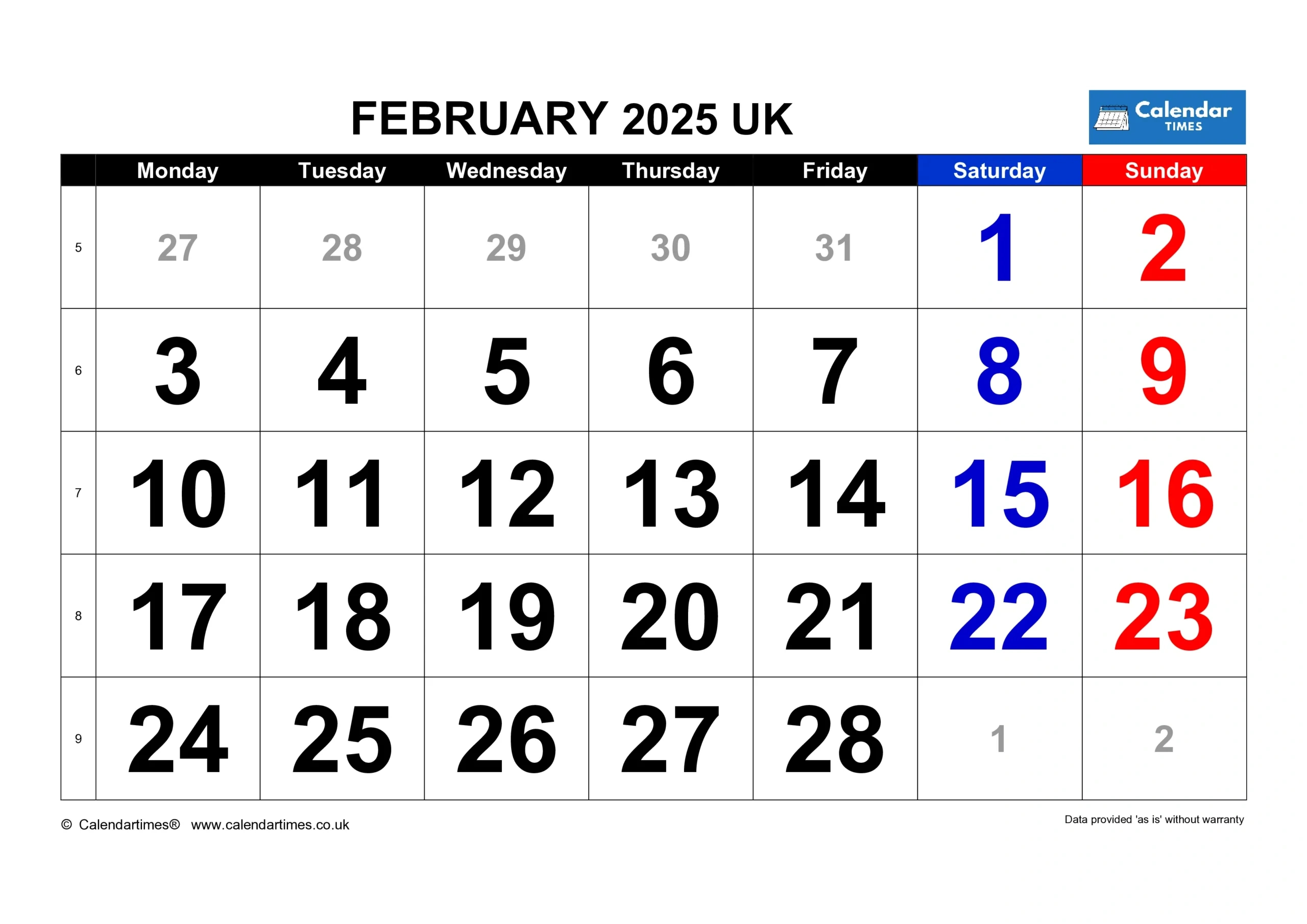 2025 Calendar - Calendar Times with regard to Month of February Printable Calendar 2025