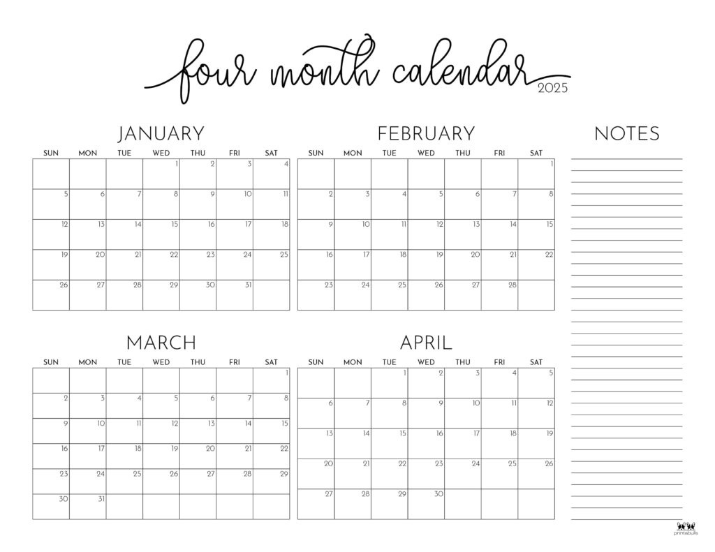 2025 Four Month Calendars - 31 Free Printables | Printabulls pertaining to February March April 2025 Calendar Printable