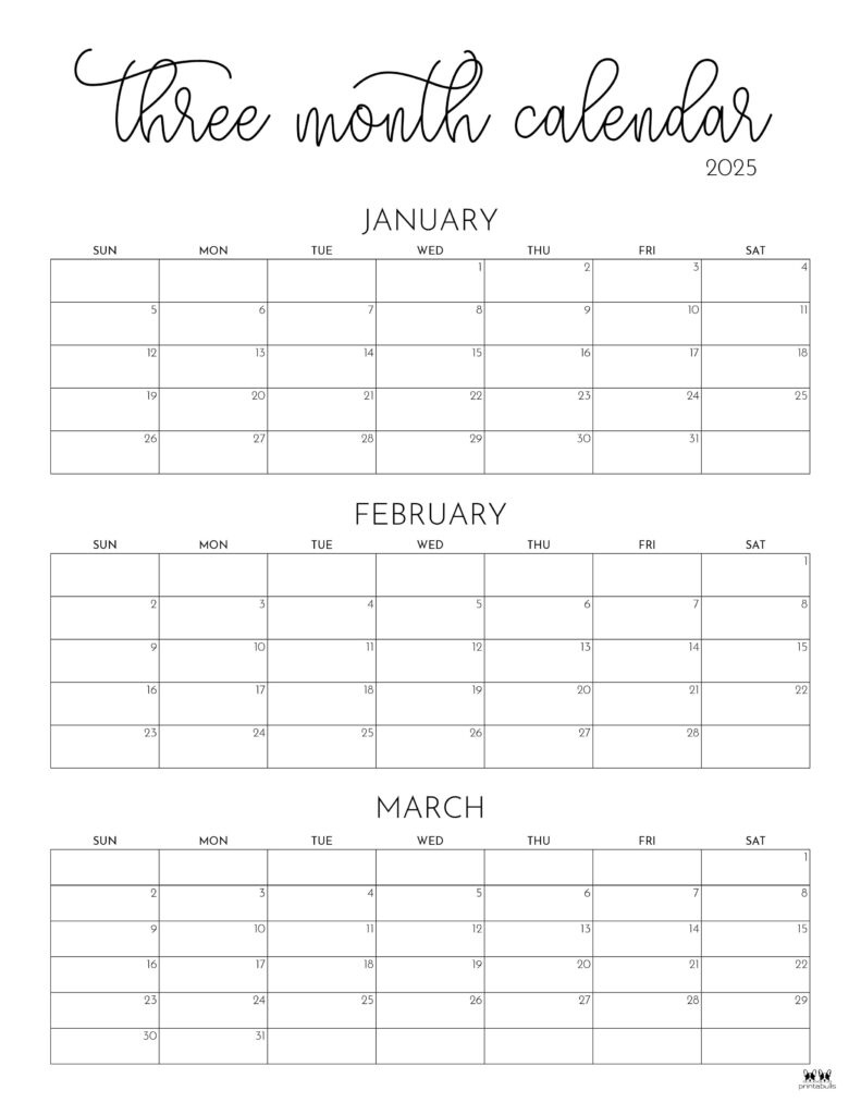 2025 Three Month/Quarterly Calendars - 36 Free Cals | Printabulls for Printable 3 Month Calendar December January February 2025