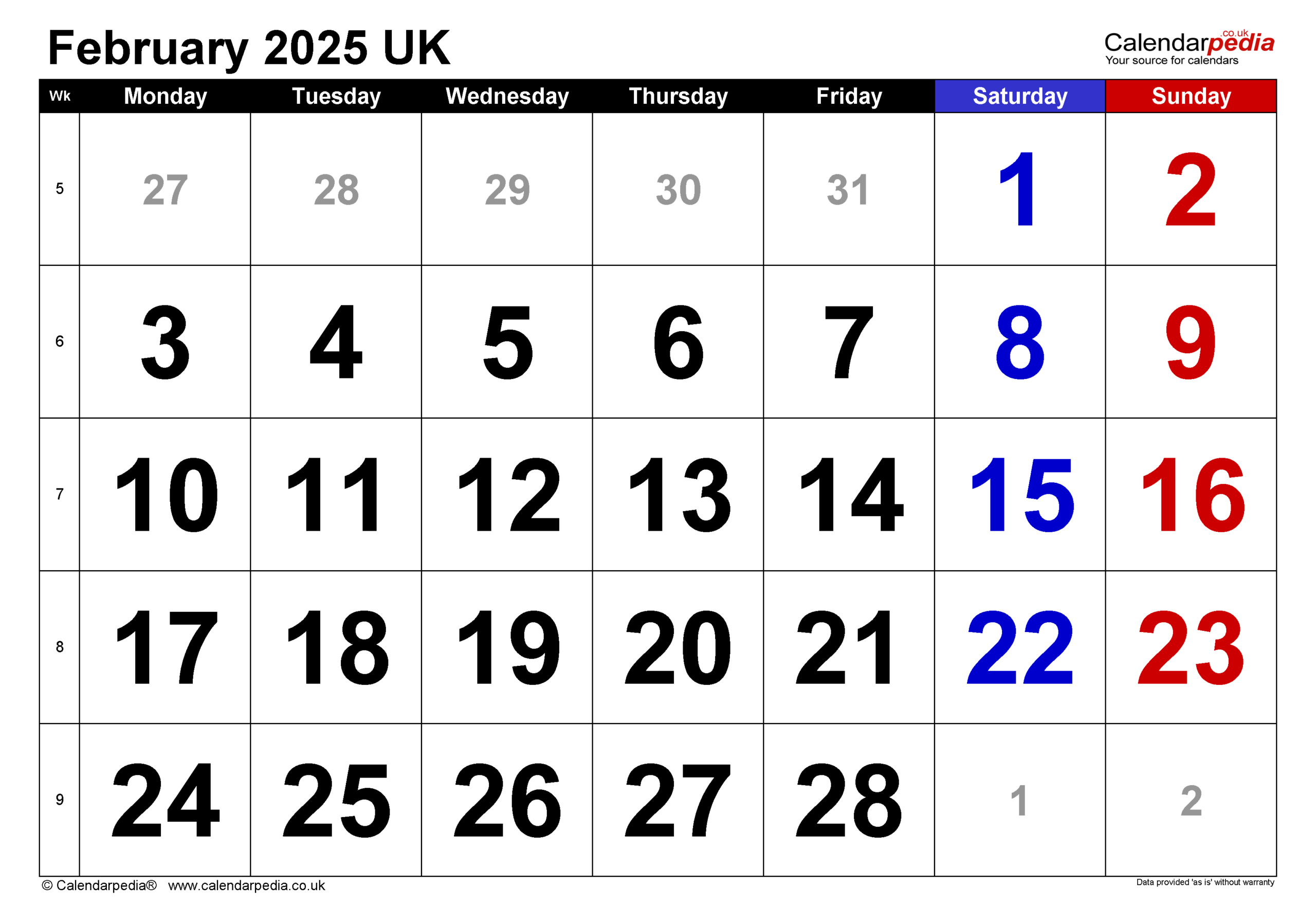 Calendar February 2025 Uk With Excel, Word And Pdf Templates with regard to 2025 February Printable Calendar