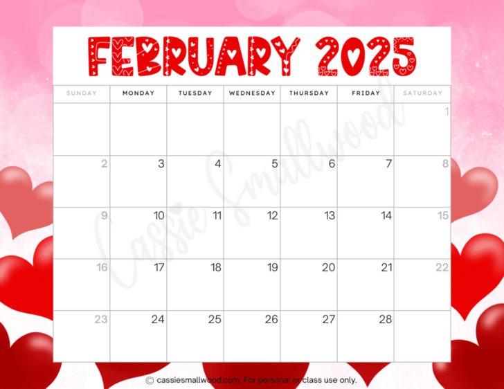 February Printable Calendar 2025