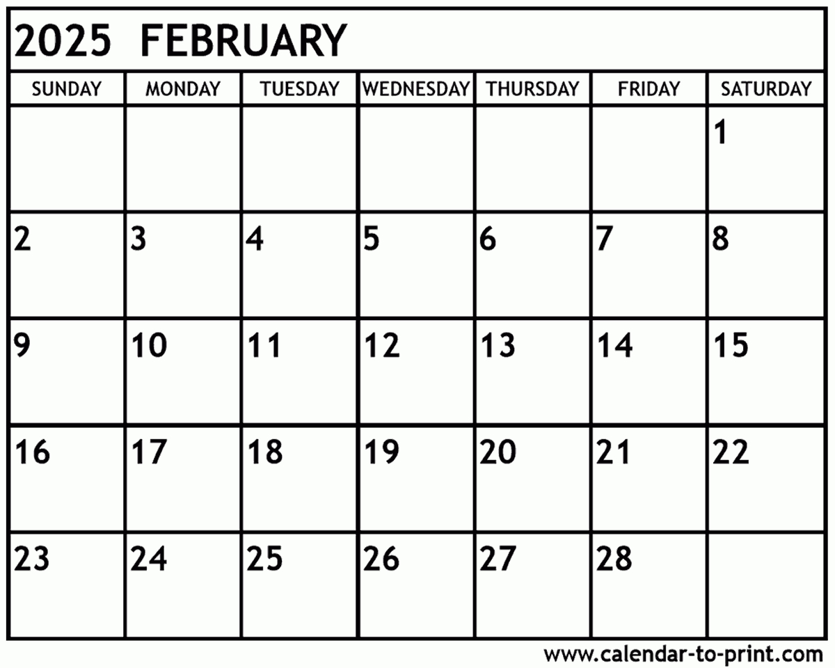 February 2025 Calendar Printable for Blank February 2025 Calendar Printable