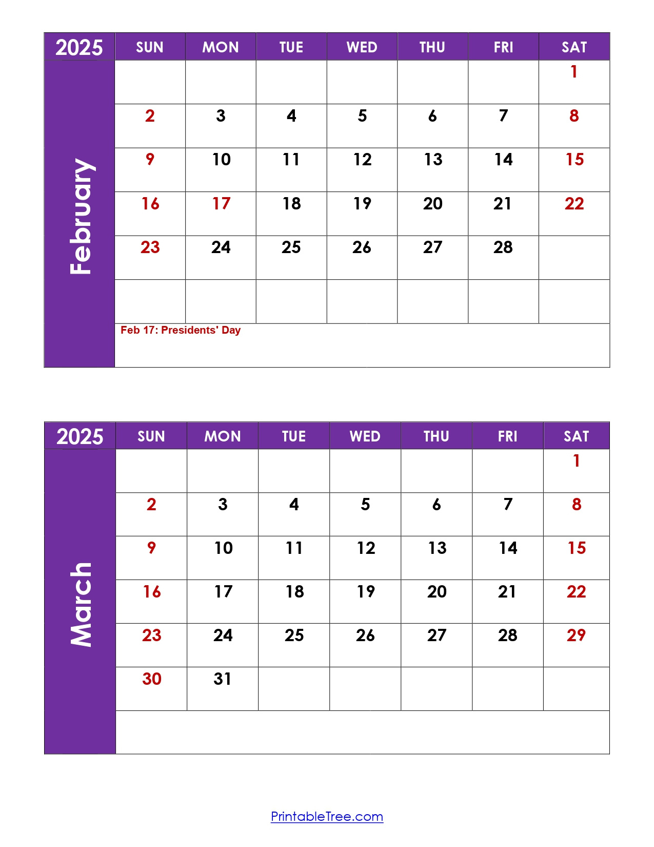 February And March 2025 Calendar Printable | Two Months Calendar for February and March 2025 Printable Calendar