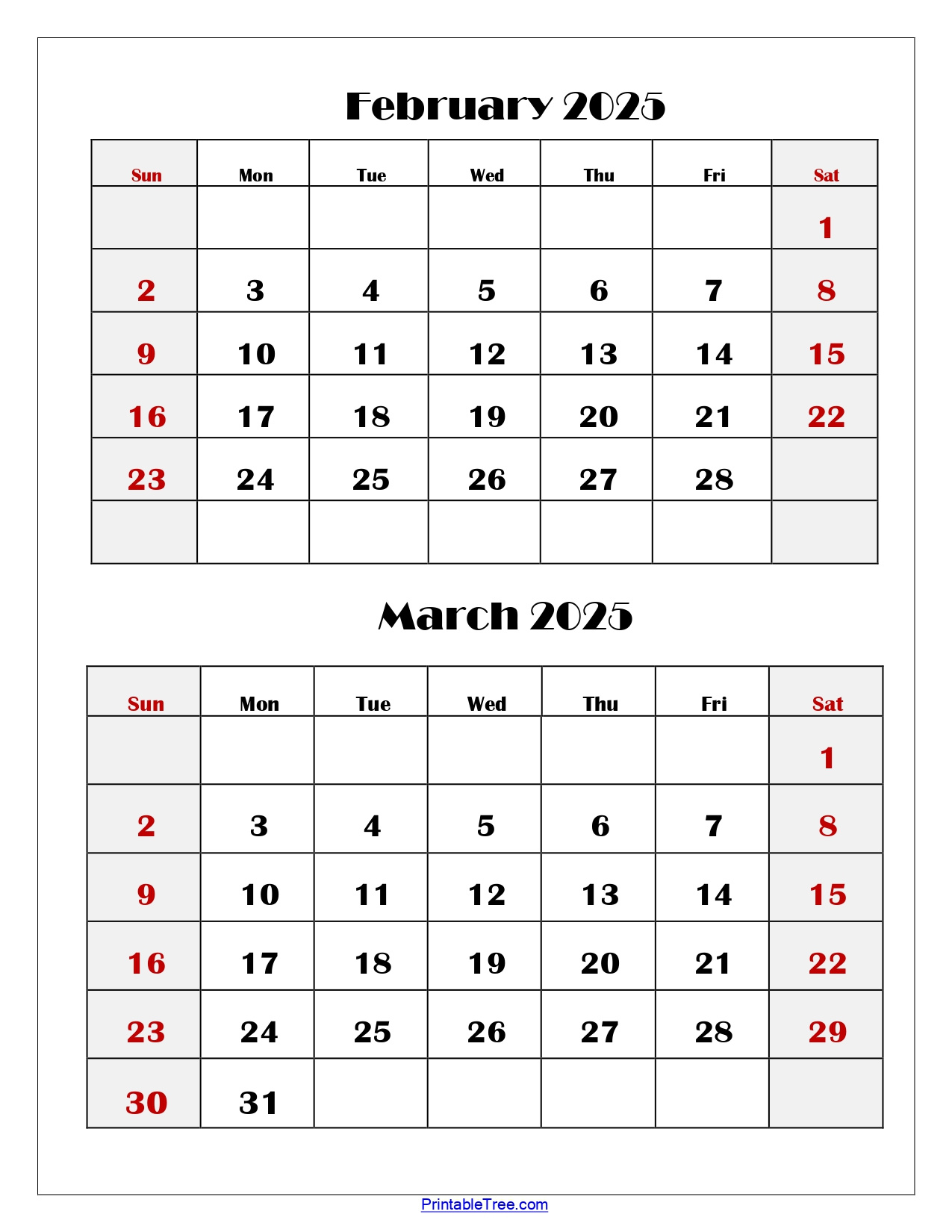 February And March 2025 Calendar Printable | Two Months Calendar for Printable February and March 2025 Calendar