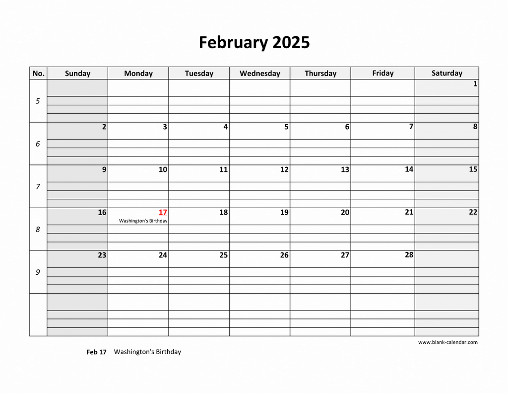 Free Download Printable February 2025 Calendar, Large Box Grid inside February 2025 Calendar Printable With Lines