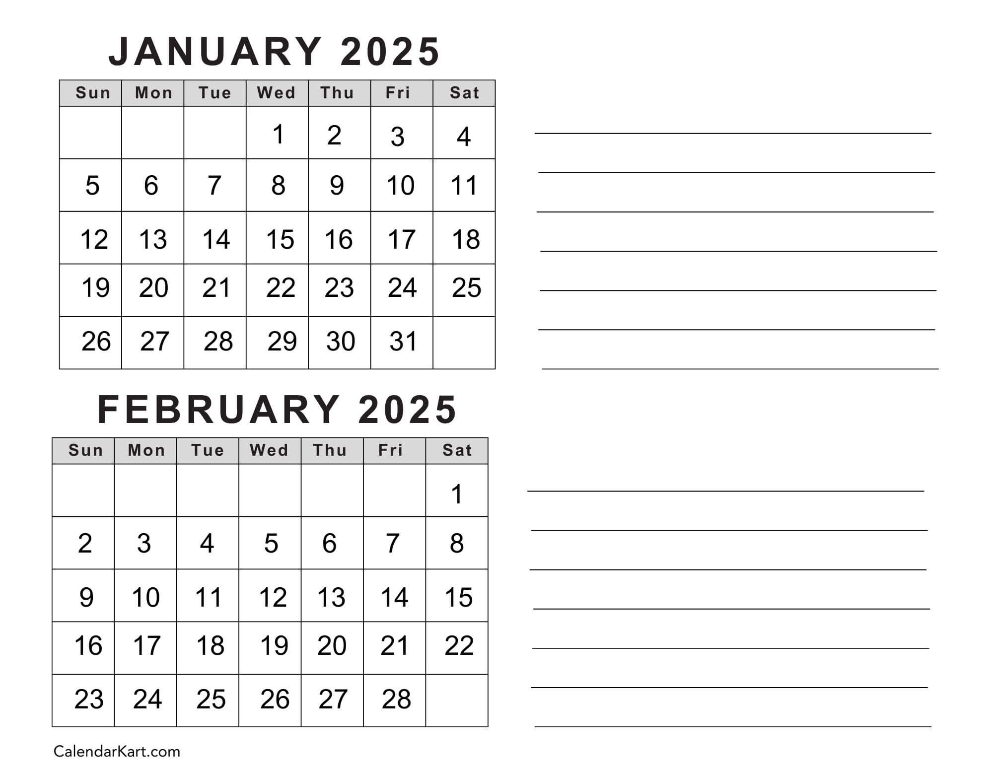 Free Printable January February Calendar 2025 - Calendarkart in Printable January And February 2025 Calendar