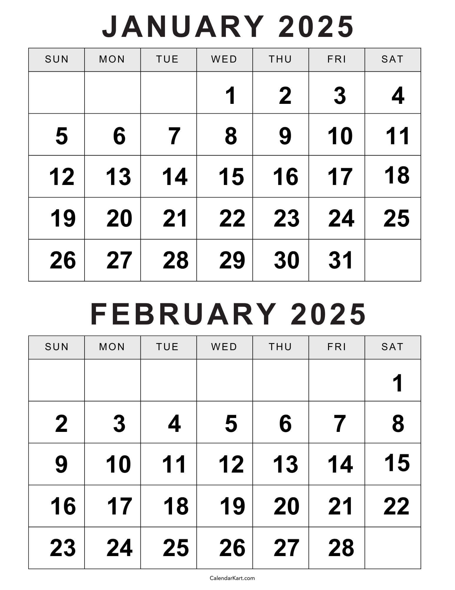 Free Printable January February Calendar 2025 - Calendarkart with regard to December January February Calendar 2025 Printable