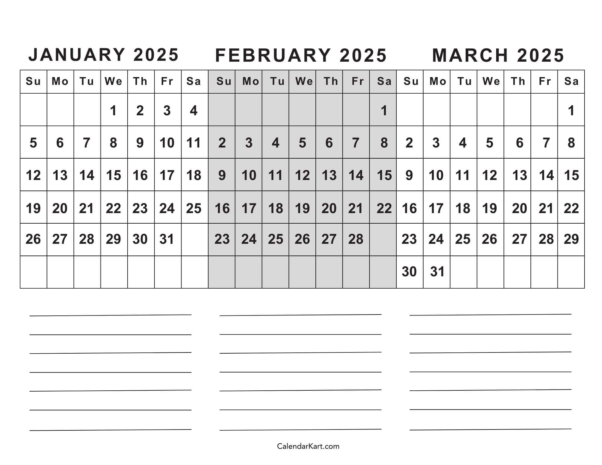 Free Printable January To March 2025 Calendar - Calendarkart for January February March 2025 Calendar Printable