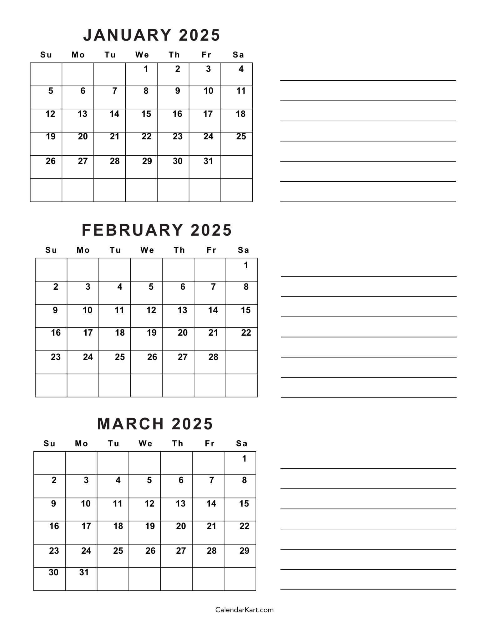 Free Printable January To March 2025 Calendar - Calendarkart with Printable Calendar 2025 January February March