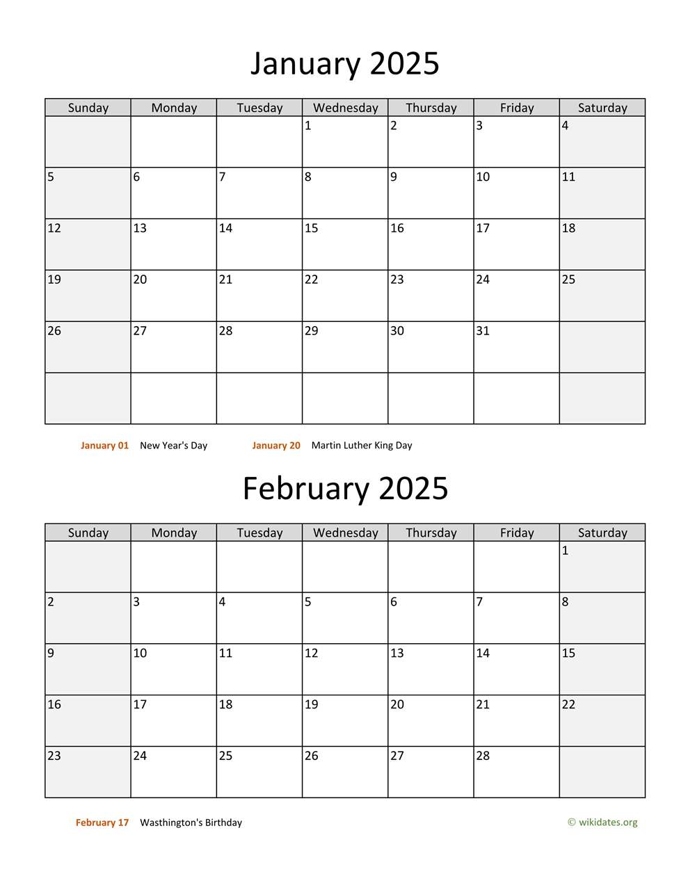 January And February 2025 Calendar | Wikidates in January And February Calendar 2025 Printable