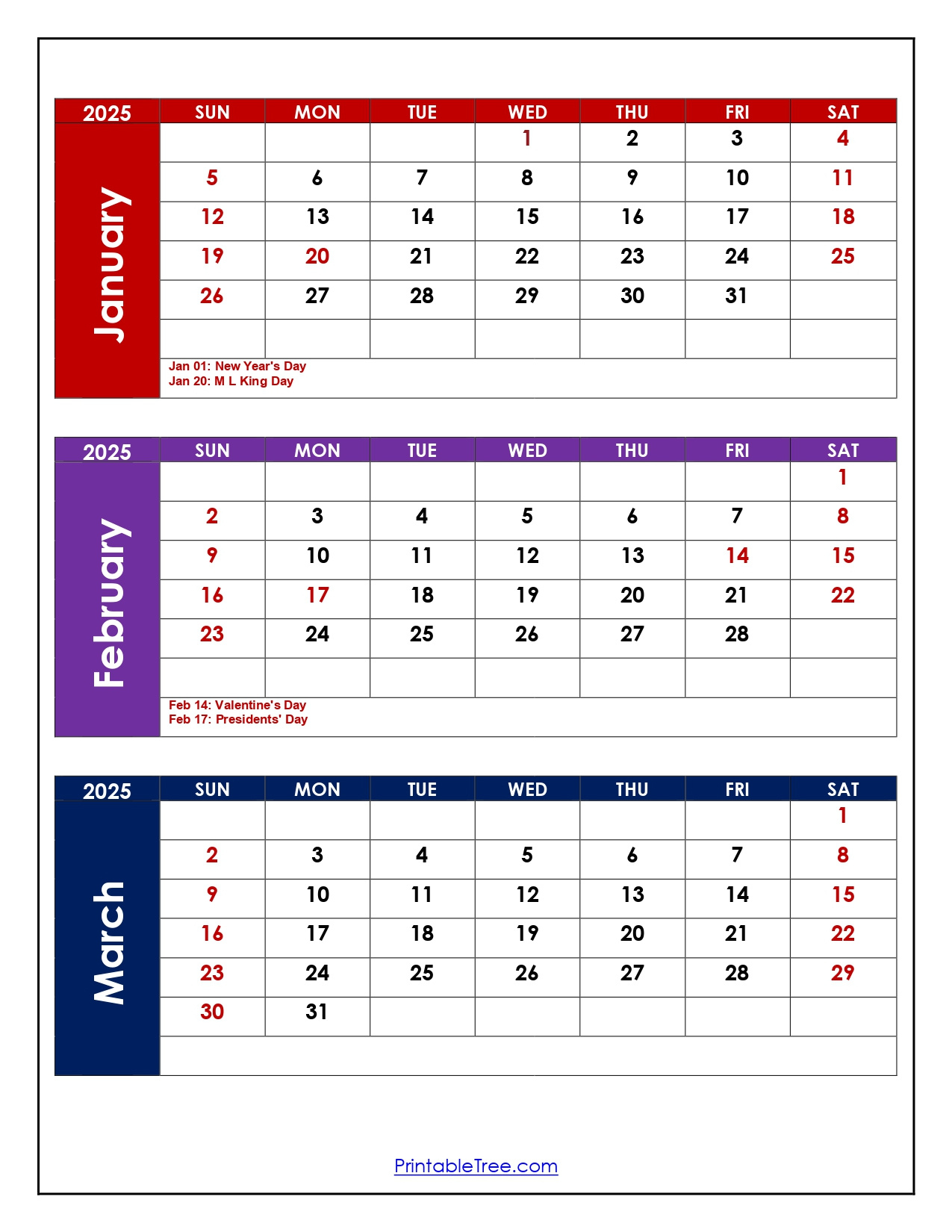 January To March 2025 Calendar | Three Months Calendar for January February March 2025 Calendar Printable