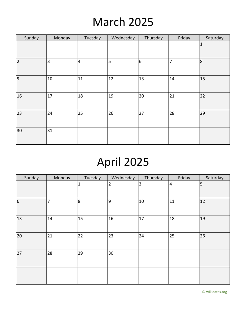 March And April 2025 Calendar | Wikidates intended for Feb March April 2025 Calendar Printable