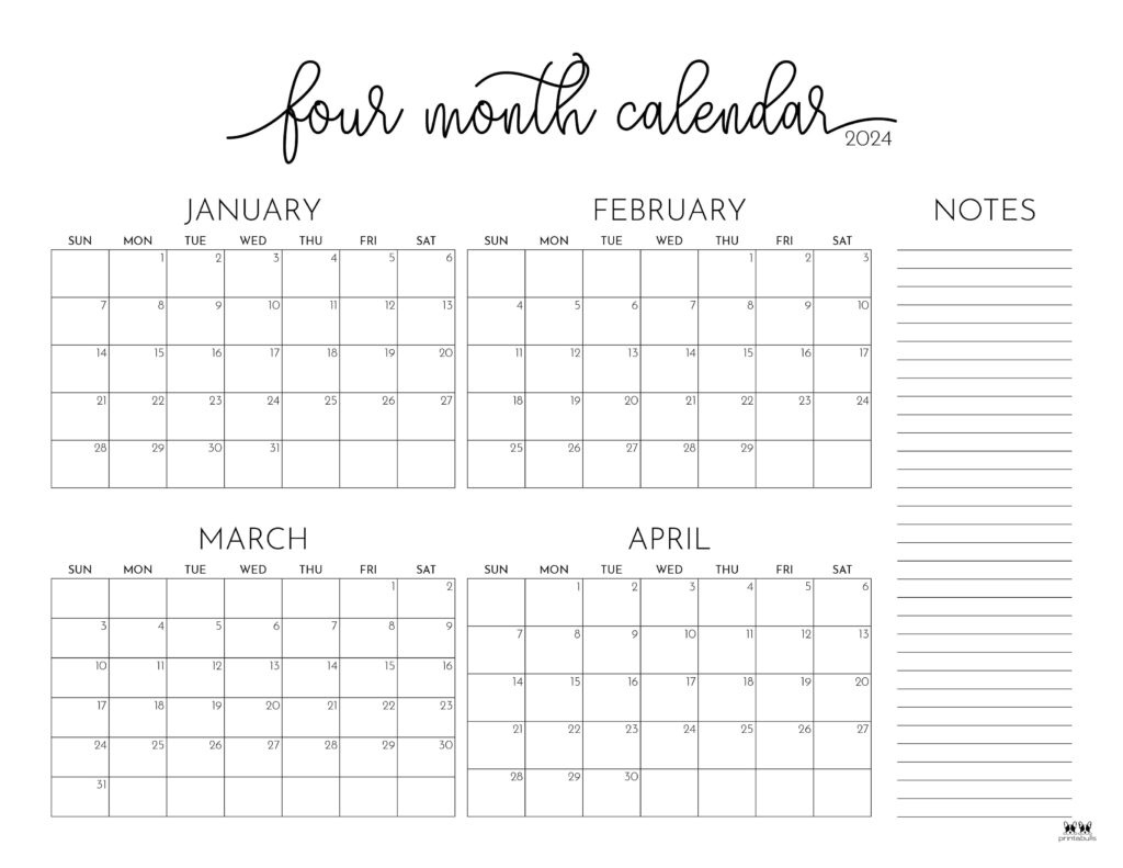 2024 Four Month Calendars - 18 Free Printables | Printabulls in Printable Calendar April 2024 to March 2025