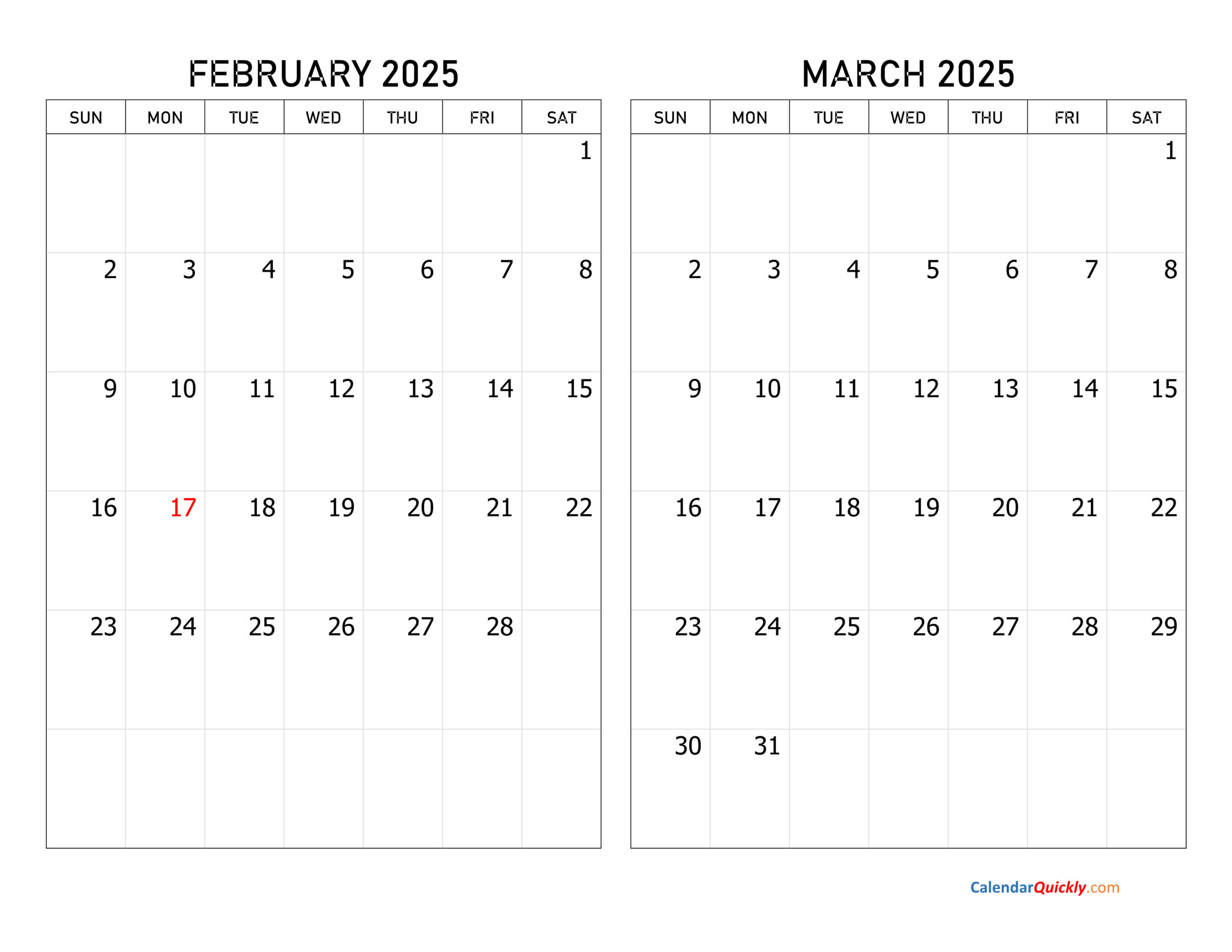 February And March 2025 Calendar | Calendar Quickly intended for February and March Printable Calendar 2025