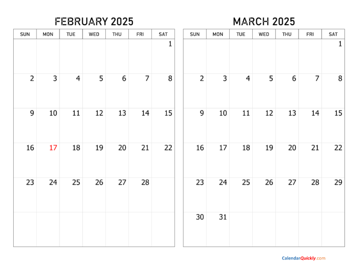 February and March Calendar Printable 2025