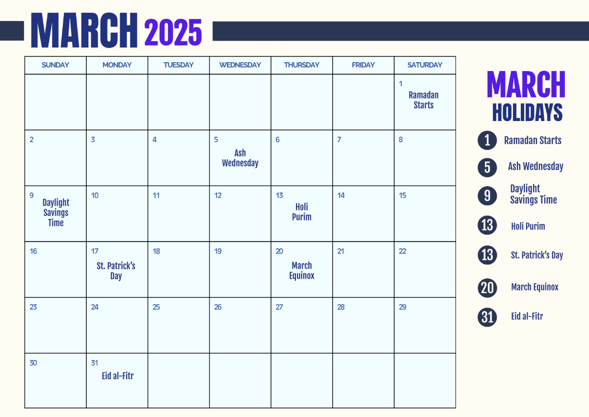 Free Printable March 2025 Calendar With Holidays Template To Edit inside March 2025 Calendar with Holidays Printable Free