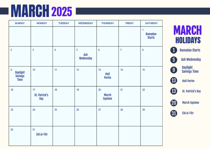 March 2025 Calendar Holidays