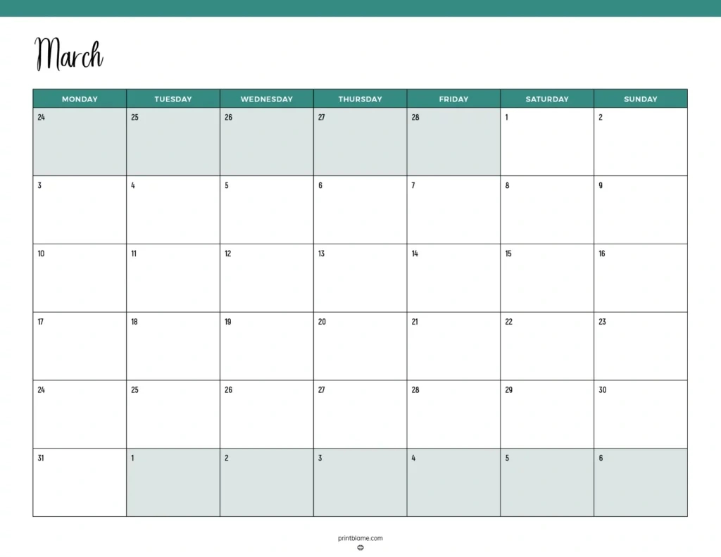 Free Printable March 2025 Calendars | 25 Pdf Downloads for Printable Calendar March 2025 Monday Start