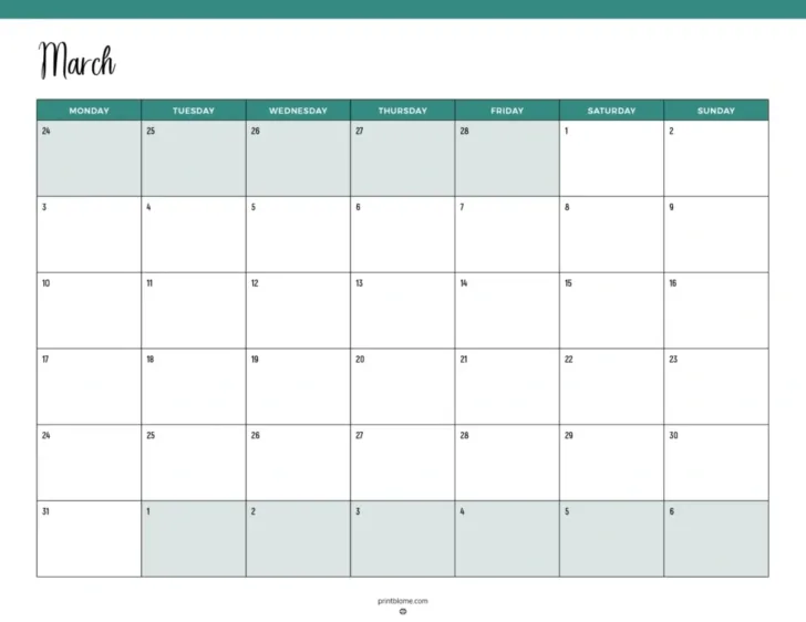 Printable Calendar March 2025 Starting Monday