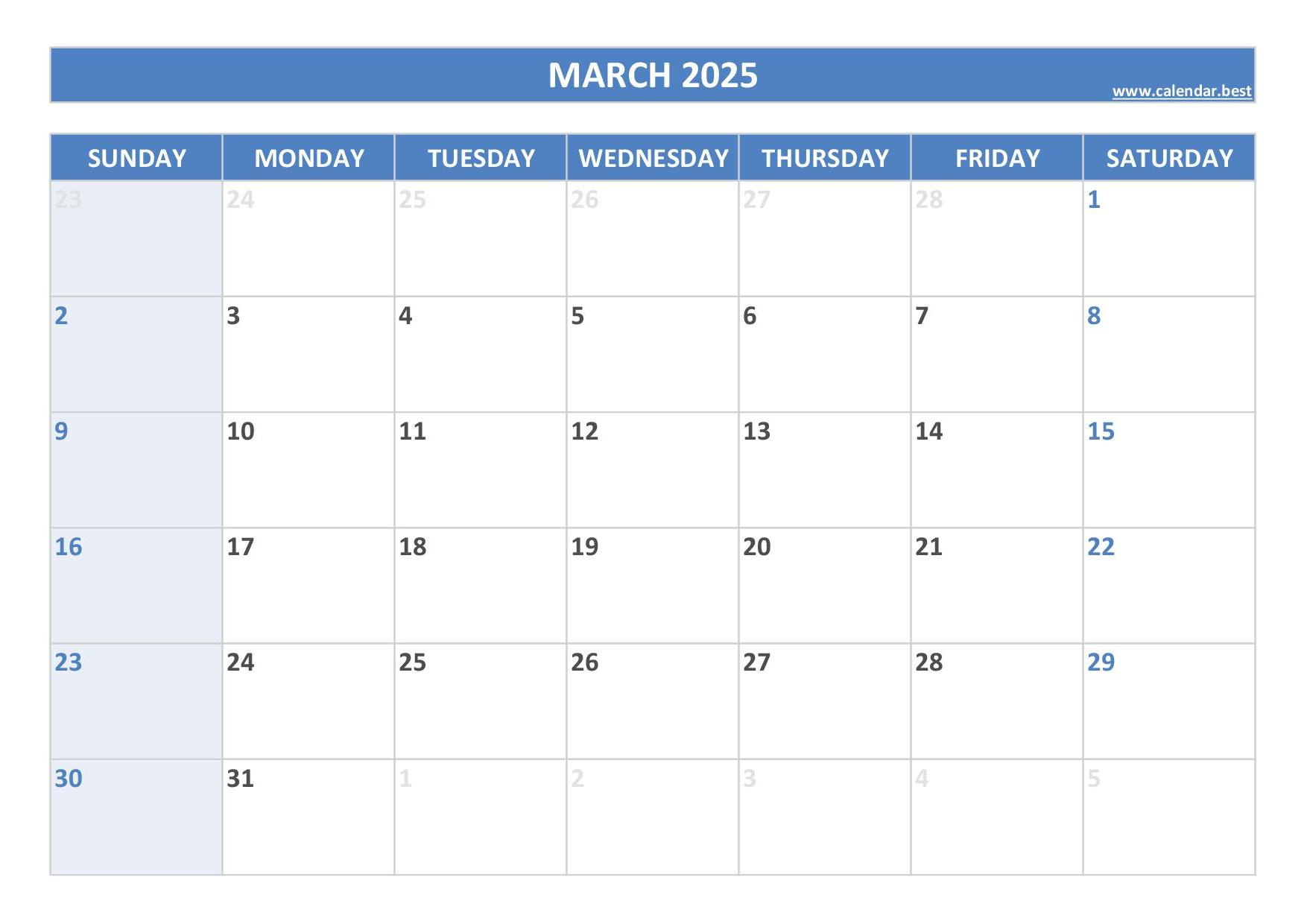 March 2025 Calendar -Calendar.best for March 2025 Holiday Calendar