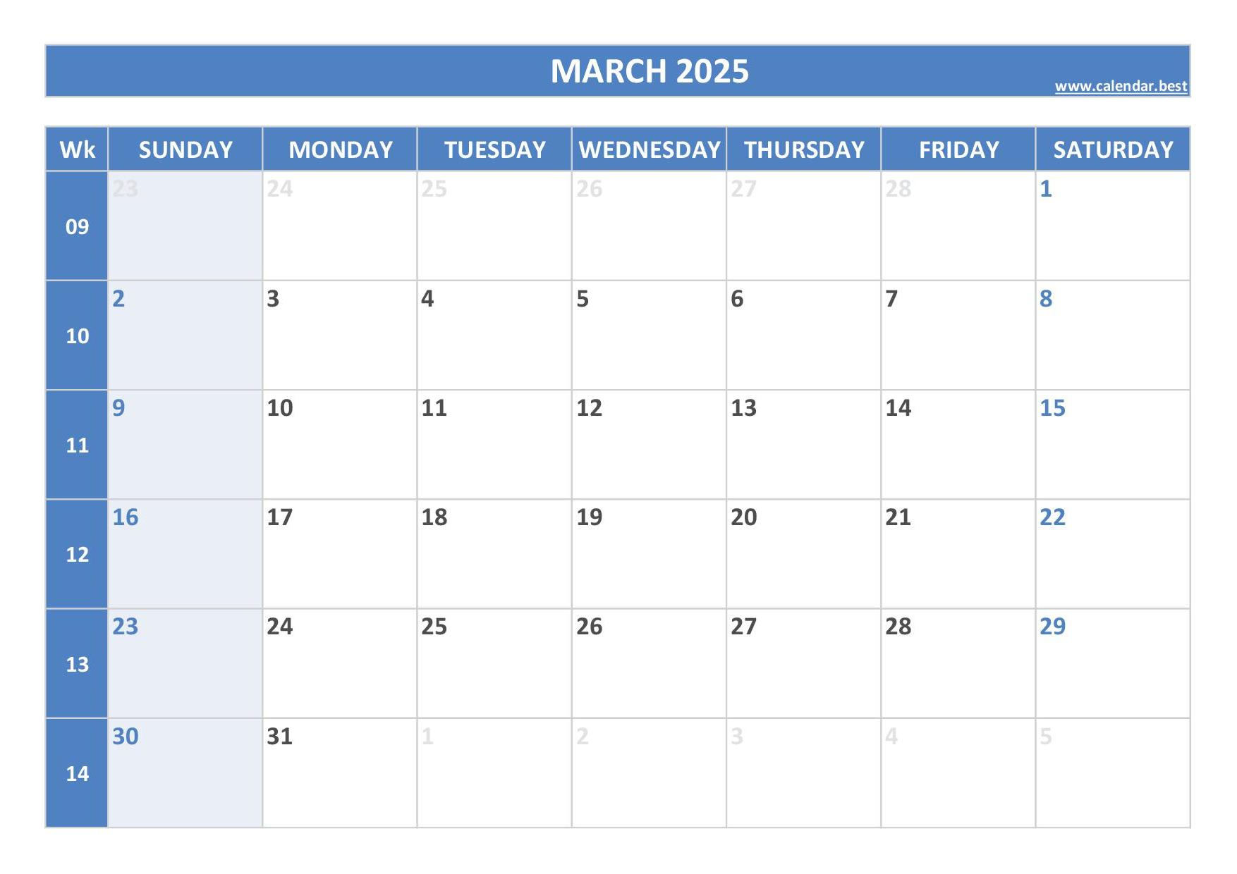 March 2025 Calendar -Calendar.best inside March Calendar Numbers Printable 2025