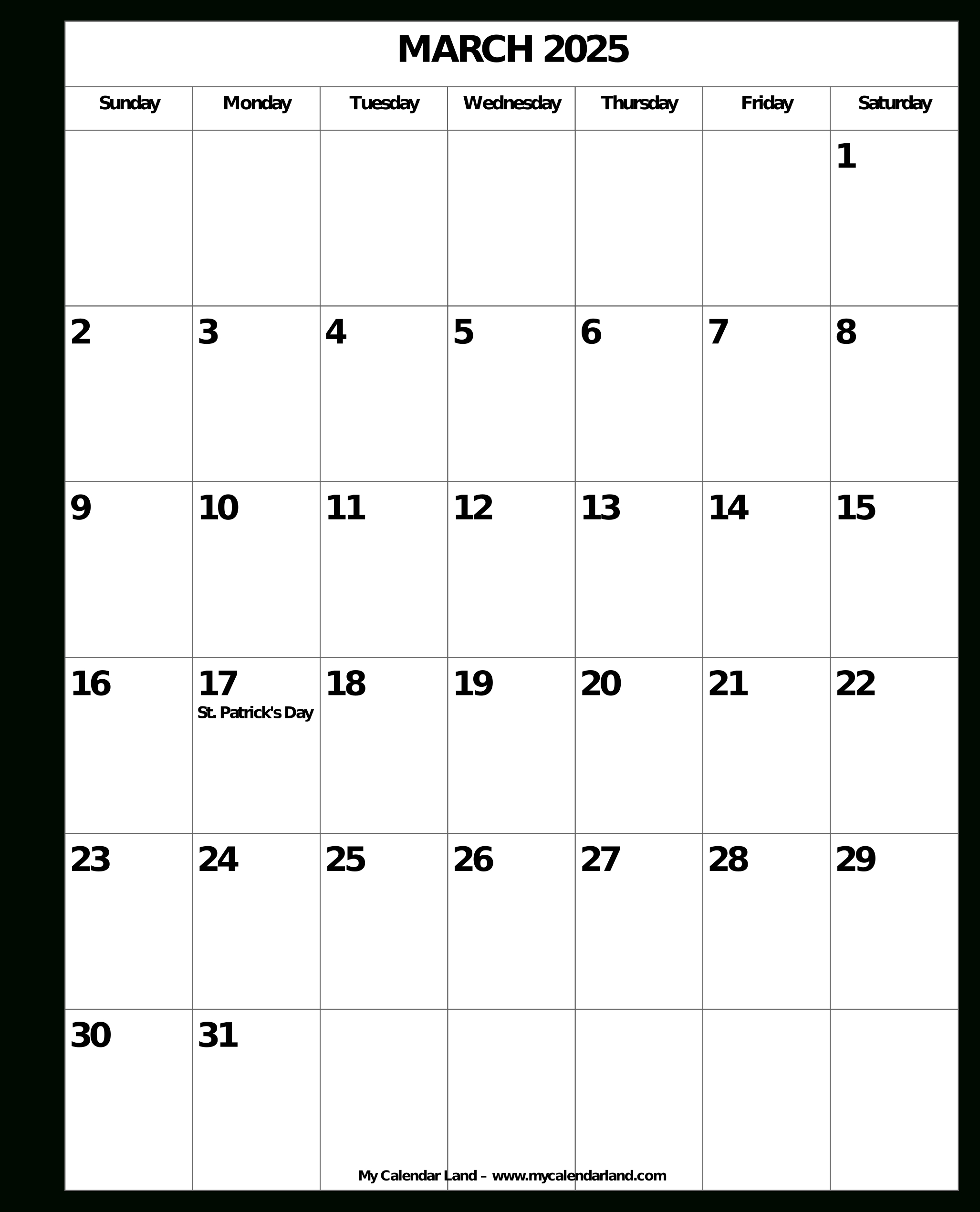 March 2025 Calendar – My Calendar Land pertaining to March Blank Printable Calendar 2025