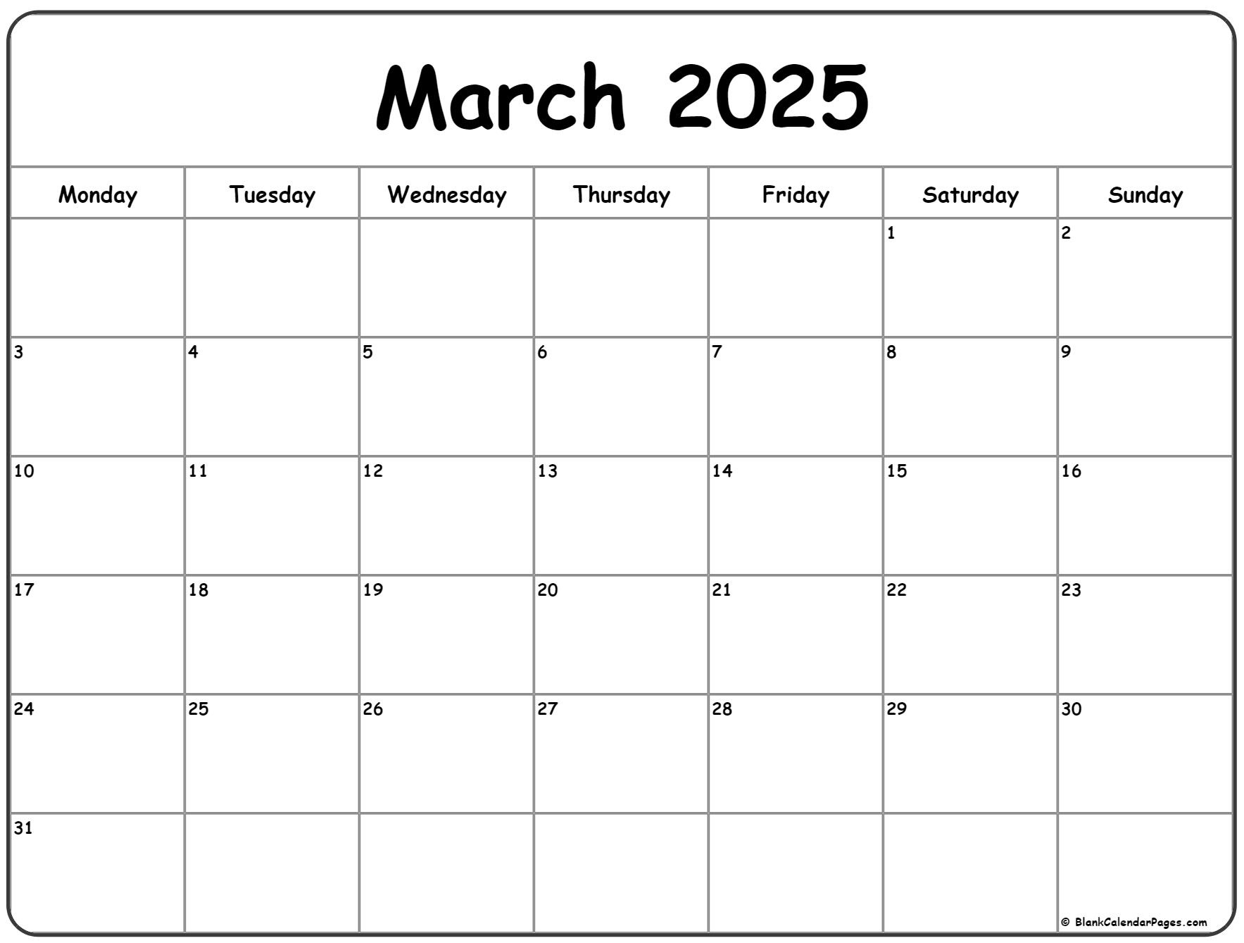 March 2025 Monday Calendar | Monday To Sunday inside Printable Calendar March 2025 Starting Monday