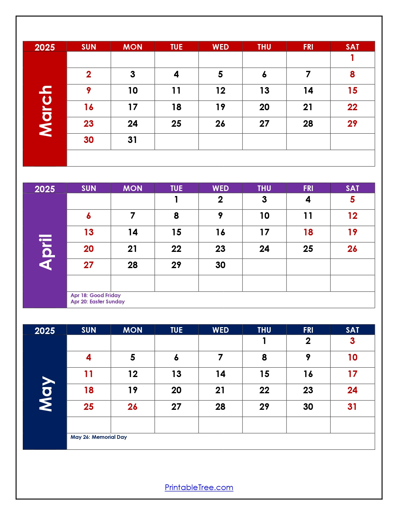 March To May 2025 Calendar Printable Pdf | Three Months Calendar for March April May Printable Calendar 2025