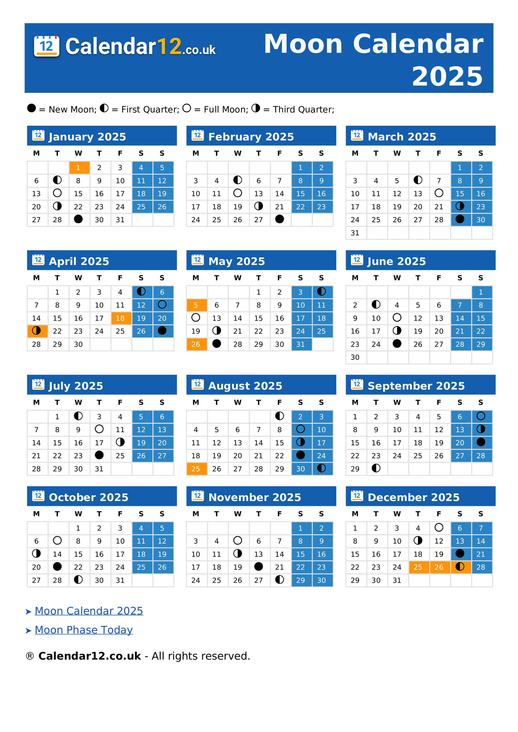 Moon Calendar March 2025 ⬅️ — Calendar12.Co.uk for March 2025 Moon Calendar