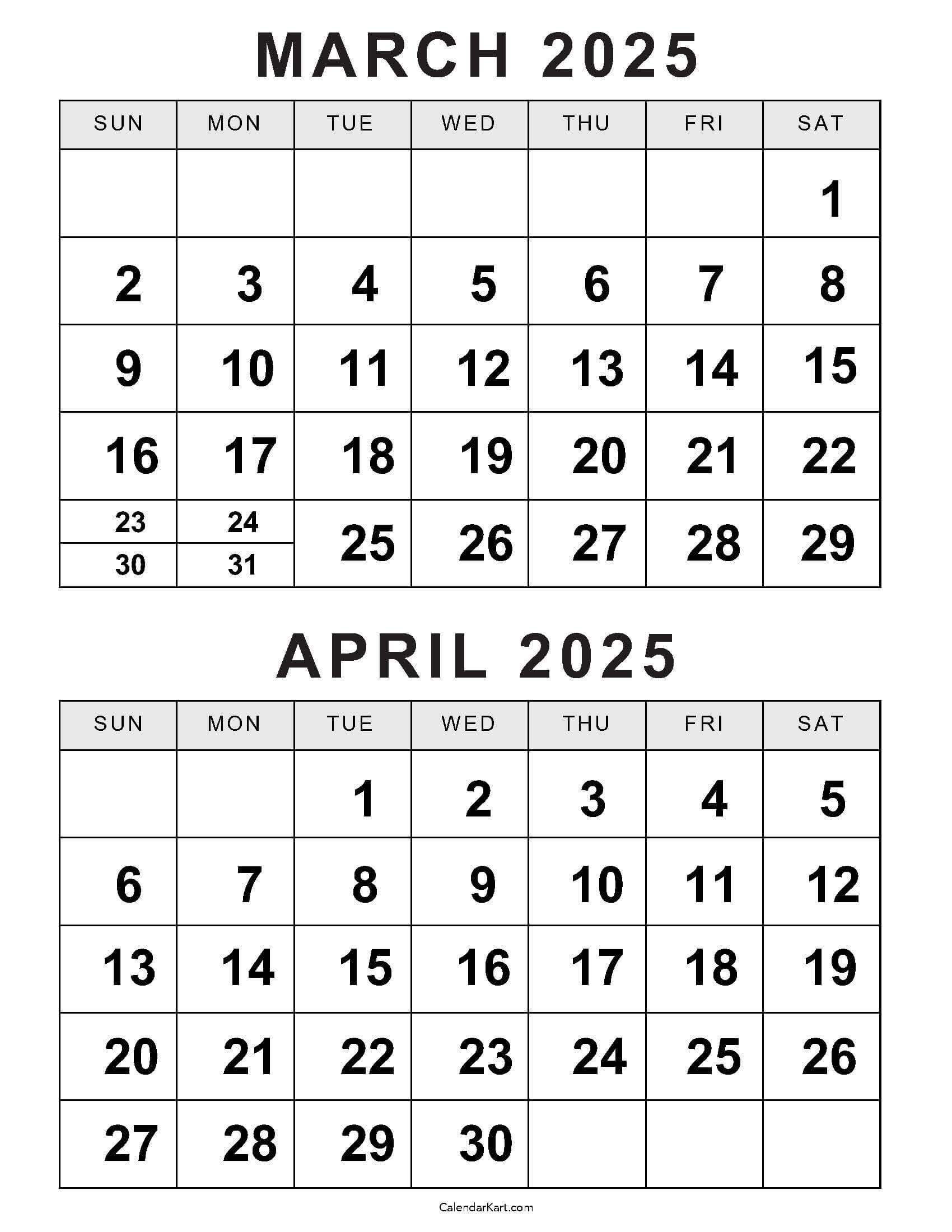 Printable March April 2025 Calendar | Calendarkart in March April Printable Calendar 2025