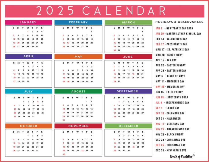 Calendar 2025 Printable with Holidays