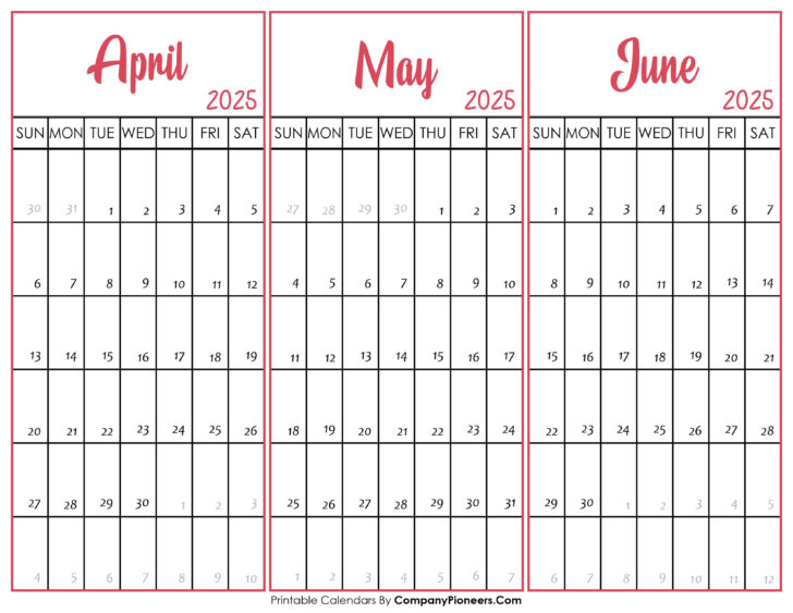 Printable April May June Calendar 2025