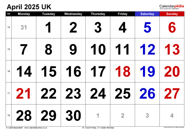 Month of April Printable Calendar 2025