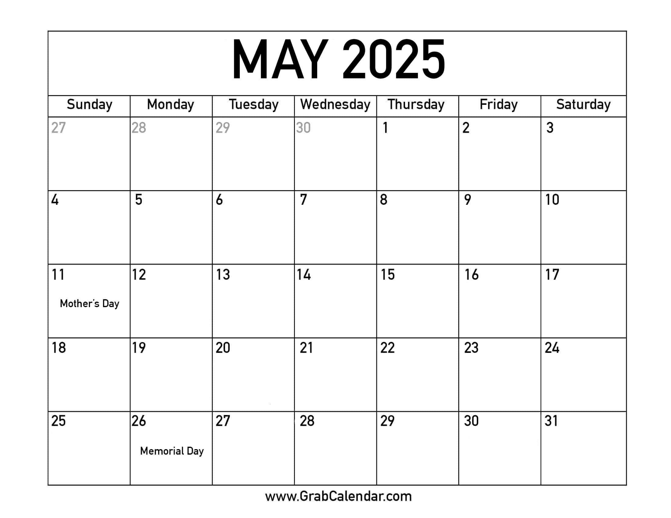 Printable May 2025 Calendar intended for Free Printable May 2025 Monthly Calendar With Holidays