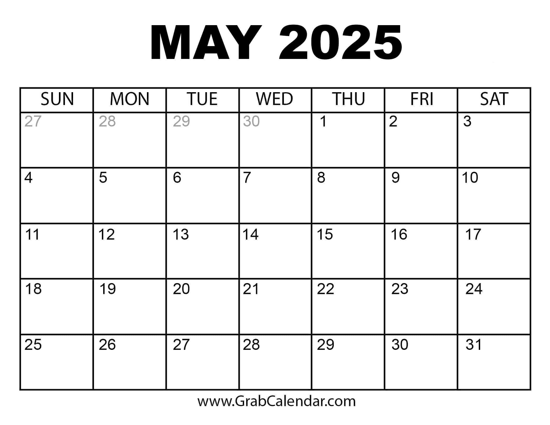 Printable May 2025 Calendar throughout Calendar For May of 2025