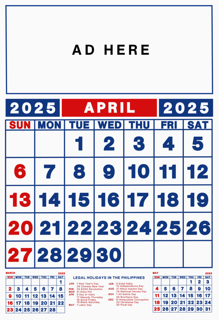 April 2025 Calendar with Holidays Philippines Printable