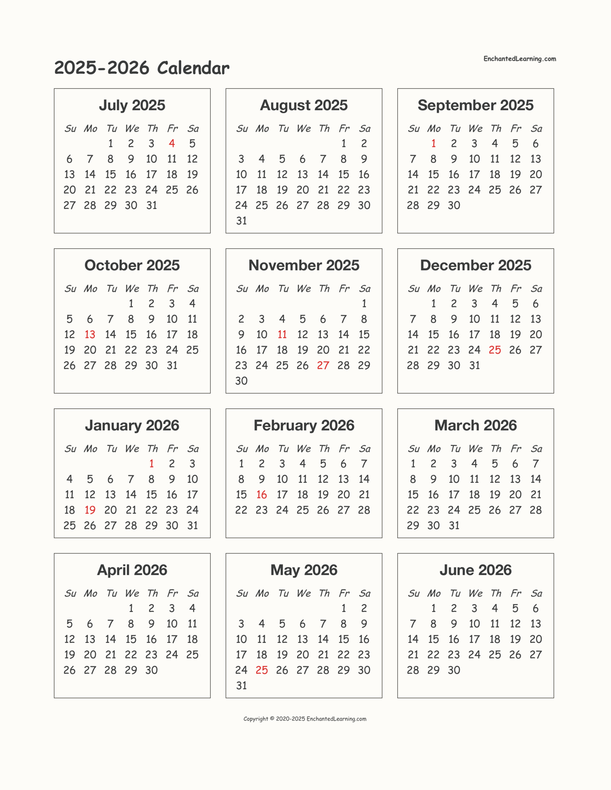 2025-2026 School-Year One-Page Calendar - Enchanted Learning in June 2025 - June 2026 Calendar