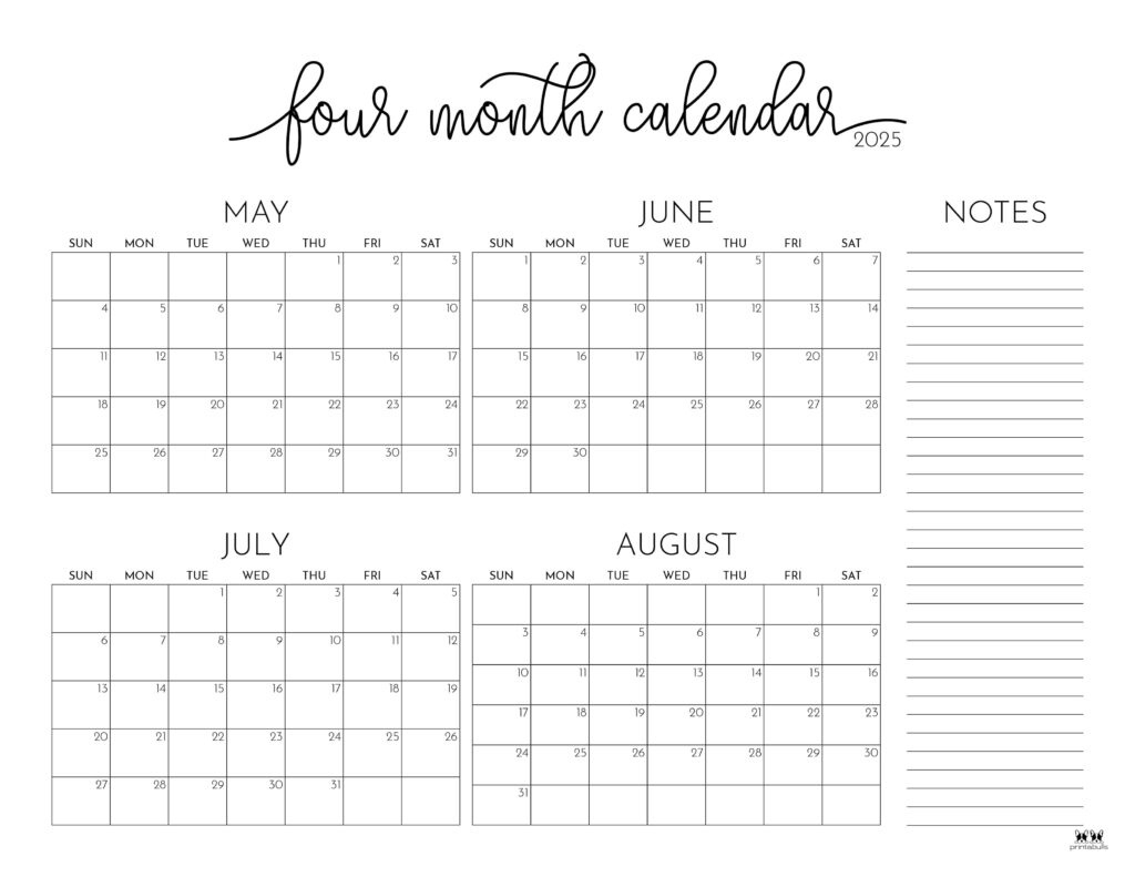 2025 Four Month Calendars - 31 Free Printables | Printabulls throughout April May June July Calendar 2025